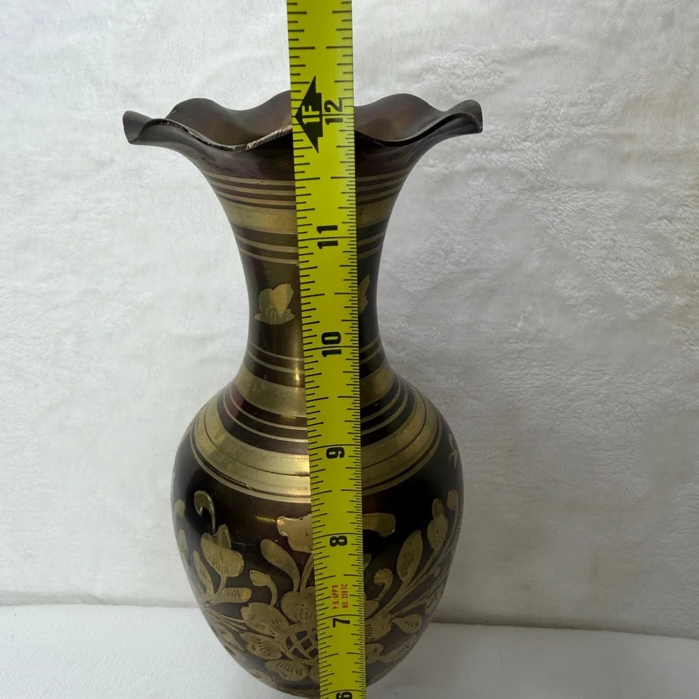 VTG Iridescent Brass Vase Etched Heron Floral Scalloped Rim Pedestal‎ 12 inch